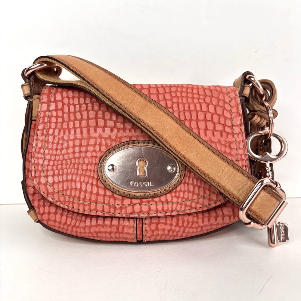 Fossil Maddox Coral Textured Croc-Embossed‎  Small Leather Crossbody w Tan Strap
